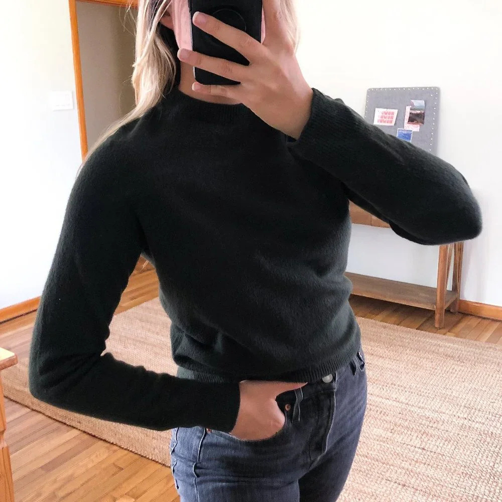 A.P.C. 100% Merino Wool Knit Crew Neck Green Distressed Crew Neck Sweater FLAWED